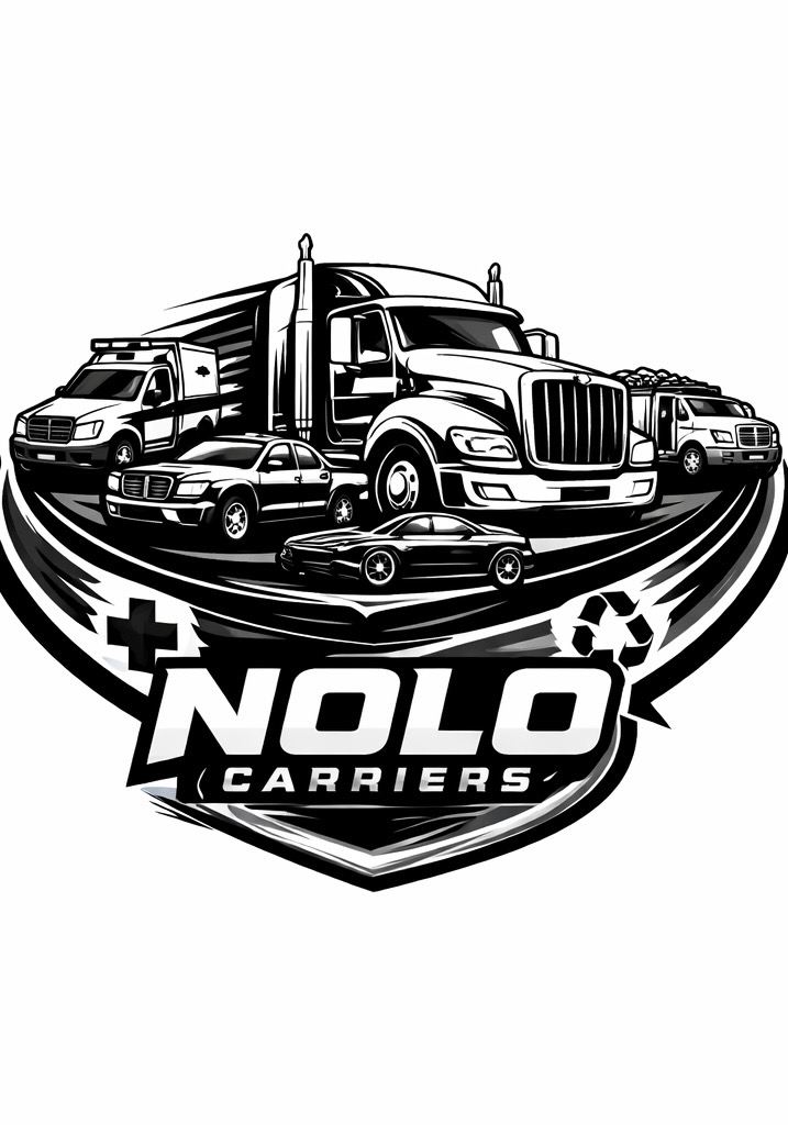 Nolo Carriers logo featuring hauling, transport, and courier vehicles